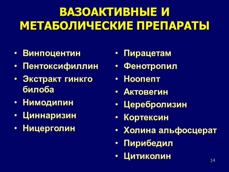 14 ВАЗОАКТИВНЫЕ И МЕТАБОЛИЧЕСКИЕ ПРЕПАРАТЫ Винпоцентин Пентоксифиллин Экстракт гинкго билоба Нимодипин Циннаризин Ницерголин 